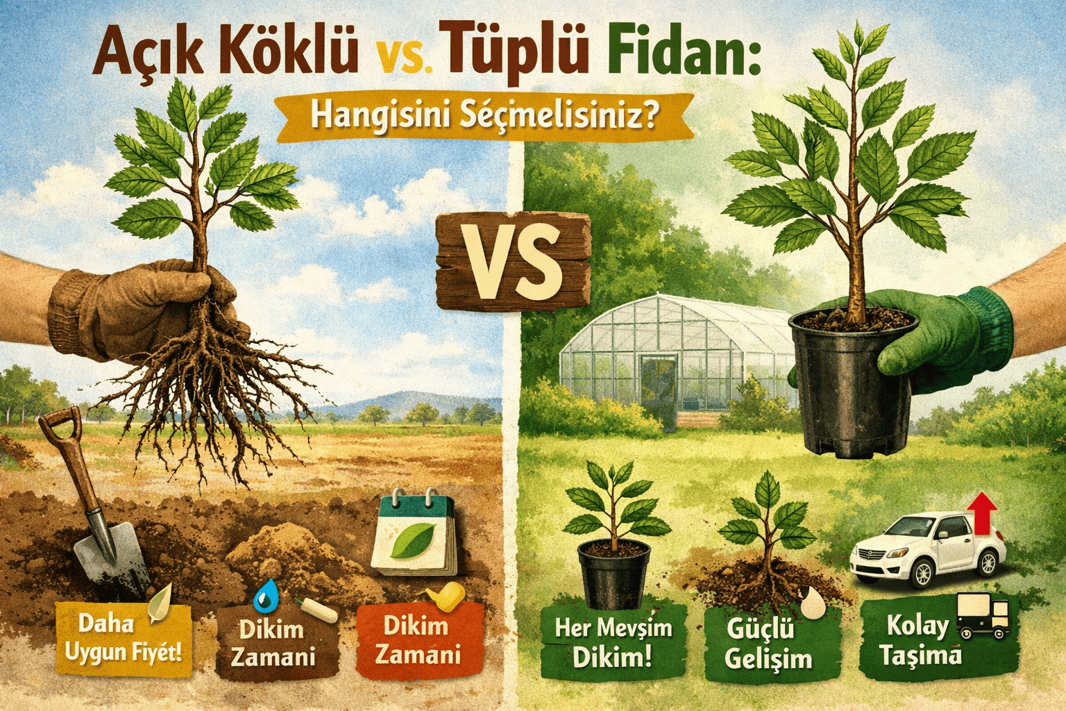 Açık Köklü vs. Tüplü Fidan Hangisini Seçmelisiniz bu başlık için görsel üret